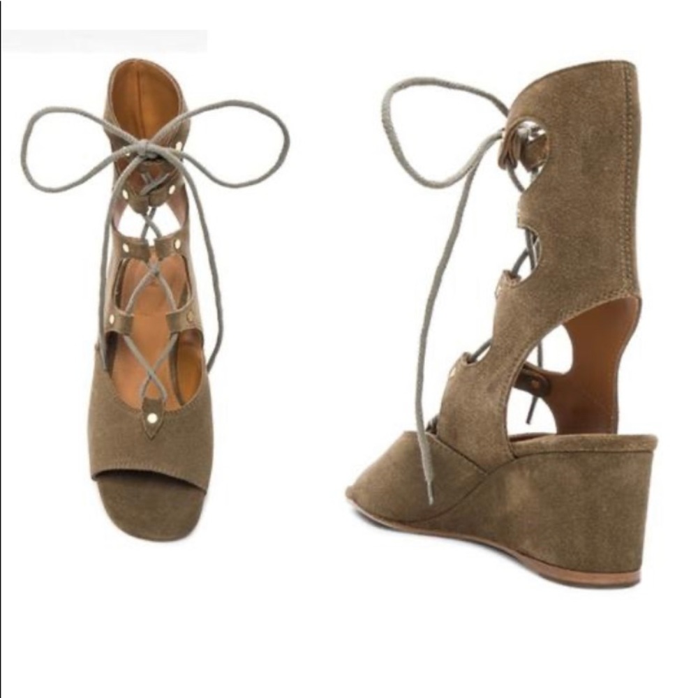 Chloe Olive Suede Lace-Up Cutout Wedge Sandals